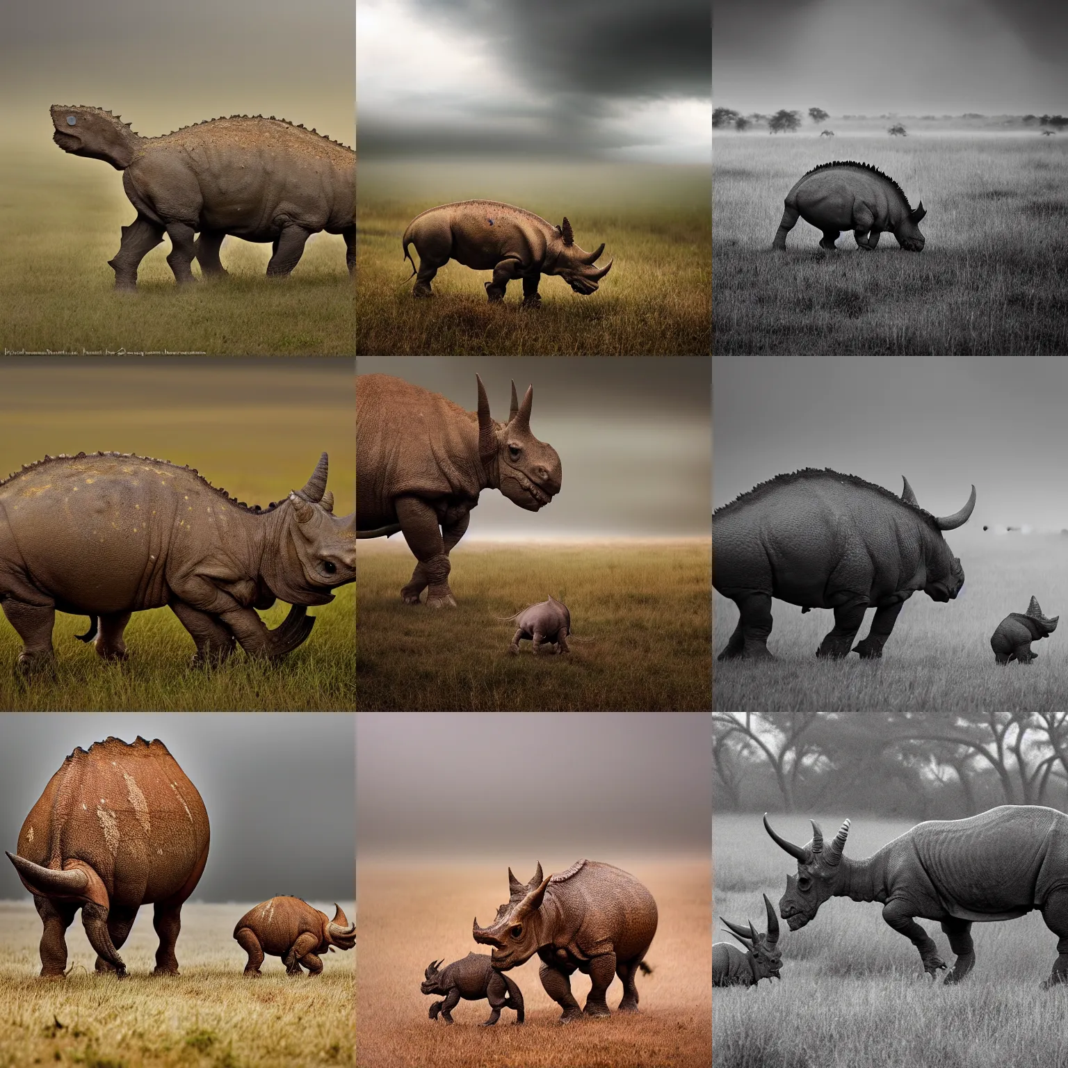 Prompt: nature photography of a triceratops mother and baby triceratops, african savannah, stormy day, fog, digital photograph, award winning, 5 0 mm, telephoto lens, national geographic