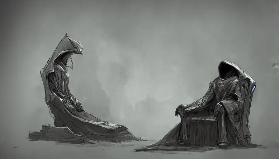 Image similar to A Big Enigmatic Hooded Being sits on his throne, low angle shot, concept art, denis villeneuve