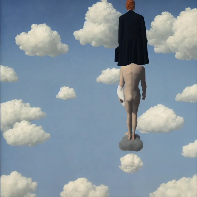 Image similar to cloud - man, by rene magritte, centered, detailed painting, hd, hq, high resolution, high detail, 4 k, 8 k