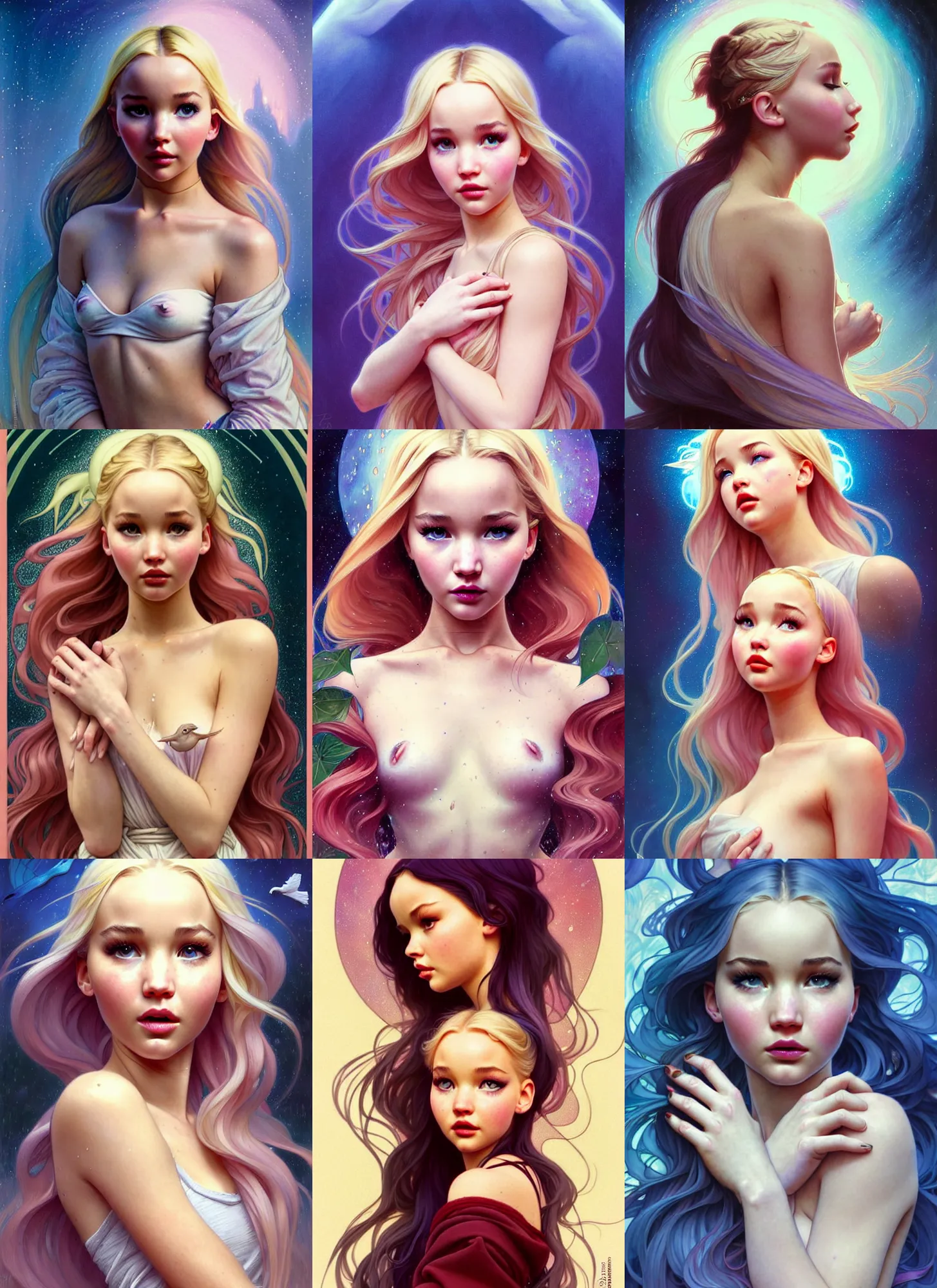 Prompt: a mix of dove cameron and madison beer and jennifer lawrence peaking on ecstasy and glistening with sweat, dilated pupils, alena aenami and lilia alvarado and shinji aramaki and karol bak and artgerm and greg rutkowski and alphonse mucha and boris vallejo and frank frazetta