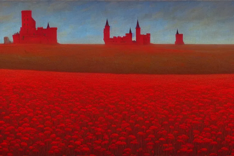 Image similar to only with red, red flowers of different types, a castle in the background, red giants rest over the flowers, in the style of beksinski, part by hopper, part by rodcenko, part by hofbauer, intricate composition, red by caravaggio, insanely quality, highly detailed, masterpiece, red light, artstation, 8 k