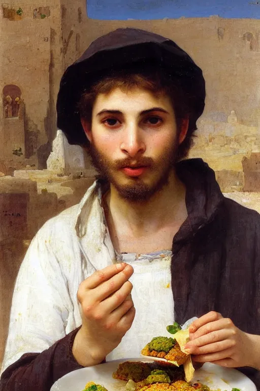 Image similar to portrait of a young Israeli man eating falafel, bouguereau
