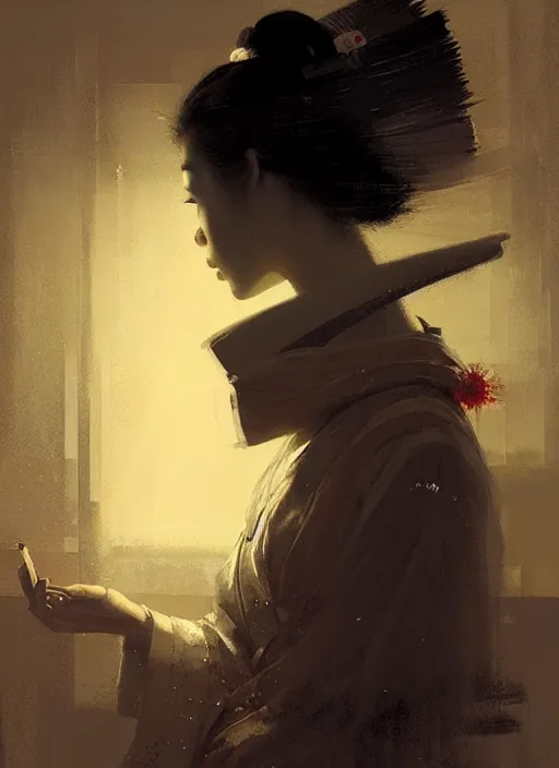 Prompt: female geisha girl, night vision, beautiful face, rule of thirds, intricate outfit, spotlight, by greg rutkowski, by jeremy mann, digital painting