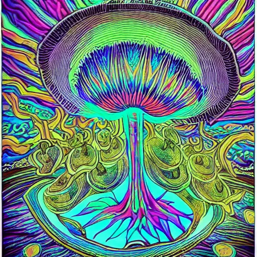 Image similar to Terence McKenna reincarnated as a magic mushroom. in style of Alex Grey, highly detailed, blacklight poster