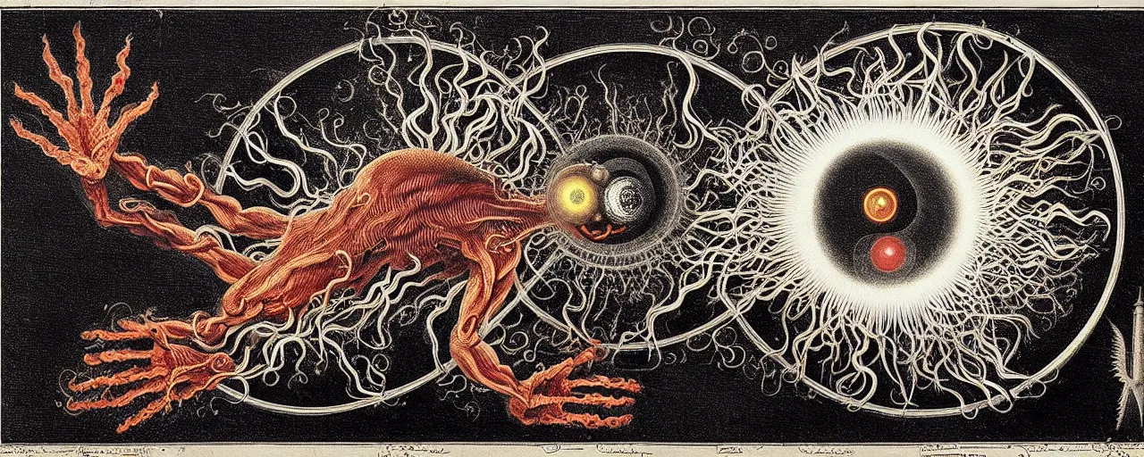 Image similar to a strange fire creature with endearing eyes radiates a unique canto'as above so below'while being ignited by the spirit of haeckel and robert fludd, breakthrough is iminent, glory be to the magic within, in honor of saturn, painted by ronny khalil