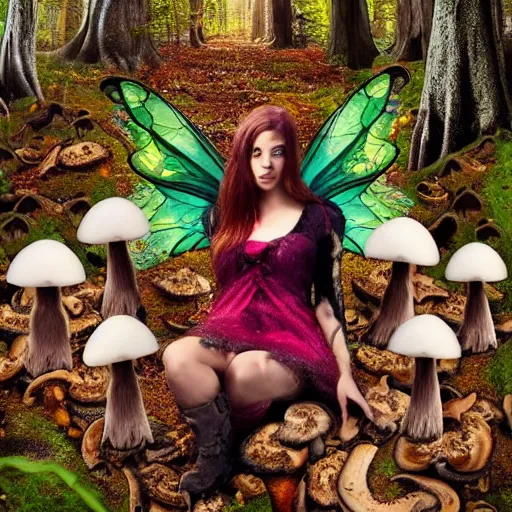 Prompt: A demonic fairy eating mushrooms in a magical forest