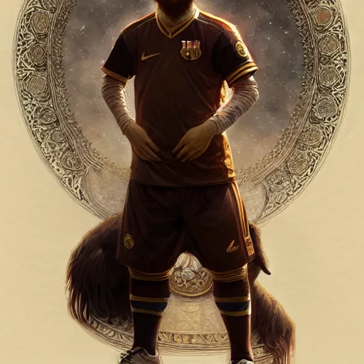 Image similar to Lionel Messi standing beside a goat, D&D, fantasy, intricate, elegant, highly detailed, digital painting, artstation, concept art, matte, sharp focus, illustration, art by Artgerm and Greg Rutkowski and Alphonse Mucha