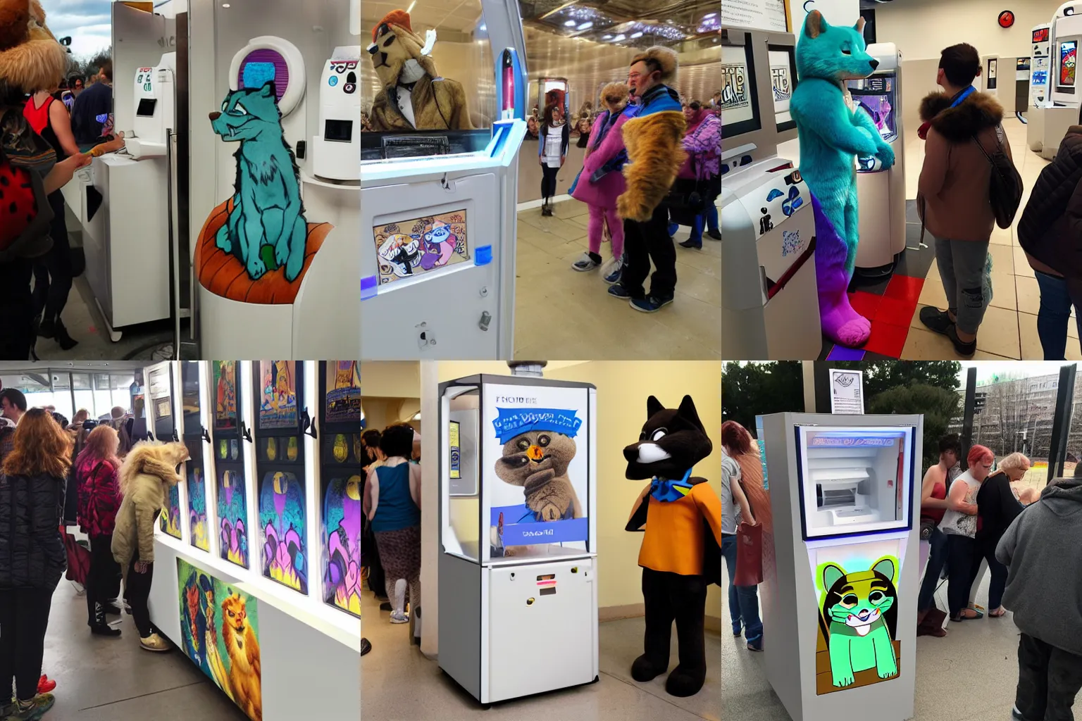 Prompt: Many furries lined up to use the art-dispensing machine.