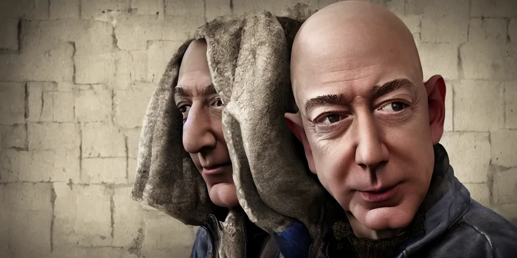 Prompt: homeless jeff bezos, focused shot, realistic, octane render