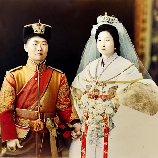 Image similar to a wide full shot, colored russian and japanese mix historical fantasy of a photograph taken of the royal empress and emperor exchanging vows, photographic portrait, warm lighting, 1 9 0 7 photo from the official wedding photographer for the royal wedding.