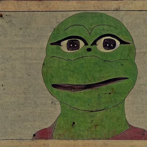 Prompt: ancient manuscript of pepe the frog on papyrus paper, ancient color illustrated, 30BC