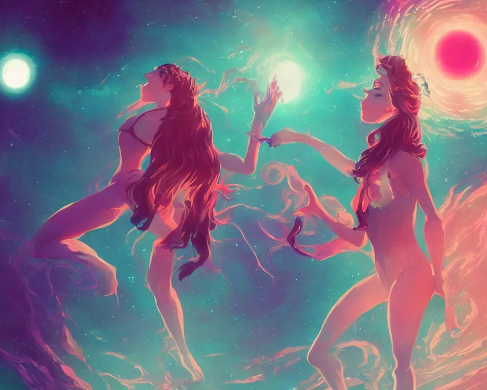 Image similar to beautiful determined goddess standing on a lake basking in the moonlight, conjuring a demon, underneath a multi-colored binary blackhole with an accretion disc, glowing trails following her arms, wearing professional makeup, synthwave, by Lois van Baarle, by Greg Rutkowski, by artgerm, by beeple, by studio ghibli, cinematic angle, volumetric lighting, 4k resolution, octane render, trending on artstation, masterpiece