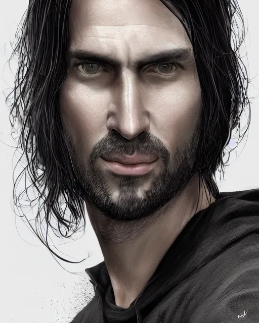 Image similar to portrait of tall, 3 3 - year - old handsome man with long dirty black hair, and grey eyes, wearing black clothes, smooth clear face, no beard, hyper realistic face, aristocratic appearance, beautiful eyes, character art, art by mark brooks, hyperdetailed, cryengine, trending on artstation, digital art