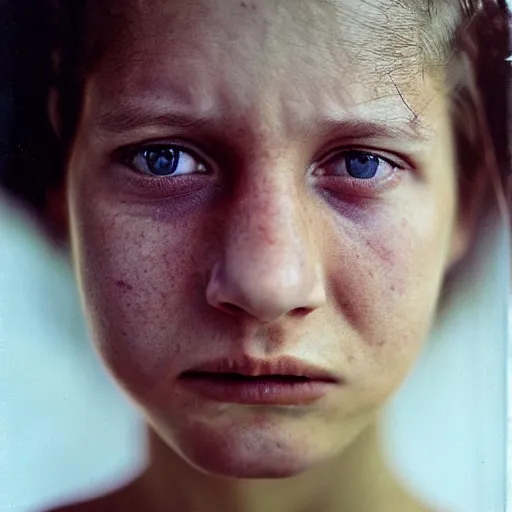 Prompt: a candid extreme closeup portrait of an expressive face of a tormented young woman by annie leibovitz