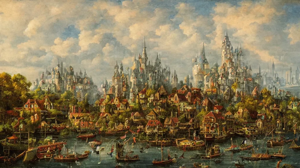 Image similar to an old enchanted fantasy town, viewed from the harbor, by jean - baptist monge,