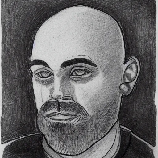 Image similar to portrait of bald short - bearded man with round face, small eyebrows, wide lips and kind blue eyes, minimalictic black and white, ink, pencil