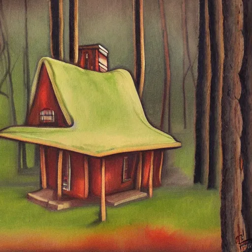 Image similar to a painting of a eerie cabin in the middle of the woods in the style of alice bailly