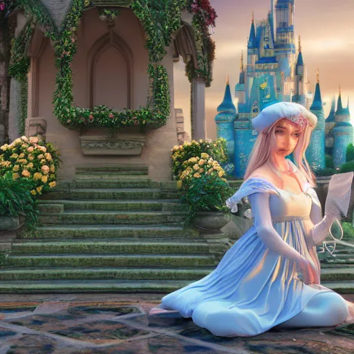 Image similar to a very detailed, ultra-realistic, pleasant, beautiful, funny, smooth 3D CG render, semirealistic anime style, close-up of a gorgeous, cute, gentle, noble priestess magician princess girl wearing dress and jewelry, in a glorious magic kingdom with castle and walls, relaxing calm vibes, fairytale, octane render