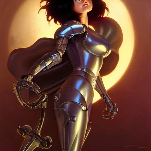 Prompt: battle angel Alita, dark fantasy, medium shot, intricate, elegant, highly detailed, digital painting, volumetric light, artstation, concept art, smooth, sharp focus, illustration, art by Gil Elvgren and Greg Rutkowski and Alphonse Mucha