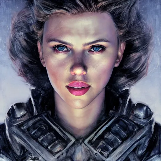 Image similar to portrait of scarlett johansson as an evil golem, colourised, face portrait, epic, tragic, military art, fantasy, dieselpunk, hd shot, digital portrait, beautiful, artstation, comic style, by artgerm, guy denning, jakub rozalski, magali villeneuve and charlie bowater