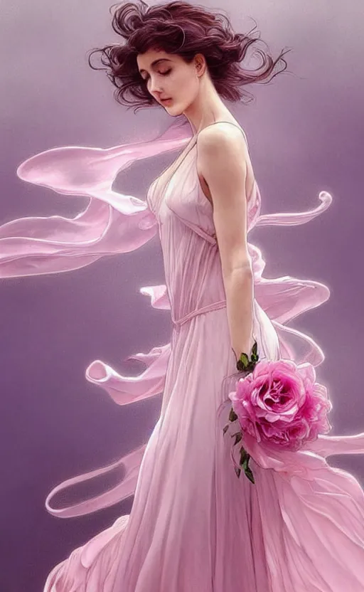 Image similar to delicate !!beautiful!! woman dressed in a vaporous wrapped large victorian pink roses silk semi-transparent dress fashion is running, fantasy, intricate, elegant, highly detailed, digital painting, trending on artstation, concept art, matte, sharp focus, illustration, art by Artgerm and Greg Rutkowski and Alphonse Mucha, trending on instagram, art nouveau