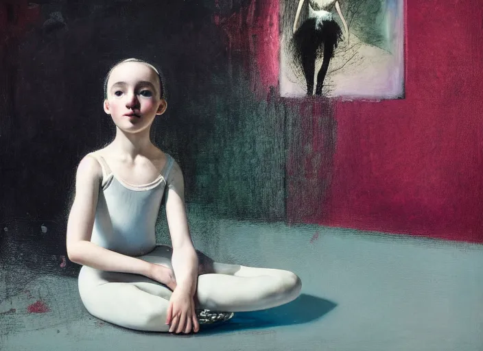 Image similar to portrait of nervous young girl ballerina sitting on the floor focusing in a dance hall by beeple and hernan bas and francis bacon and pat steir and hilma af klint, psychological, photorealistic, symmetrical face, dripping paint, washy brush, matte painting, rendered in octane, altermodern, masterpiece