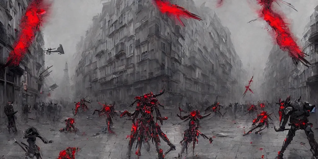 Image similar to demonic samurai robot on the streets of paris, very detailed painting, concept art, very creepy, pile of bodies, a lot of blood on the streets, art by jakub rozalski