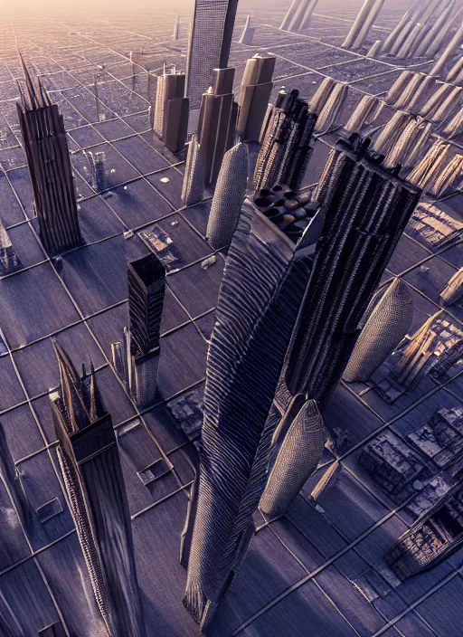 Prompt: hyperrealism, detailed textures, photorealistic 3 d render, a towering city with 3 0 0 0 0 foot tall buildings as viewed from ground level, ultra realistic, ultra high pixel detail, cinematic, intricate, cinematic light, concept art, illustration, art station, unreal engine 8 k