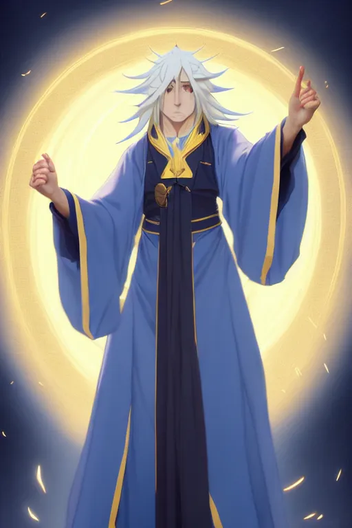 Image similar to card art of a young man wizard with long white hair wearing blue and golden robes, makoto shinkai, very detailed, matte, tonemapping, bbwchan, perfection, 4K, William-Adolphe Bouguereau