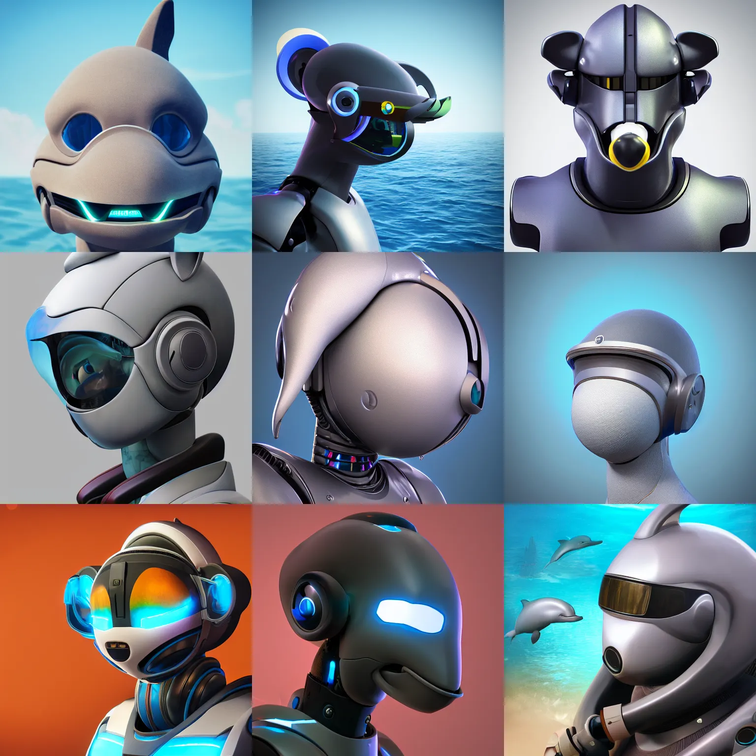 Prompt: furry anthropomorphic art, bust profile picture of a male robotic anthro dolphin, visor screen for face, round shapes, commission on furaffinity, cgsociety, octane render, subnautica