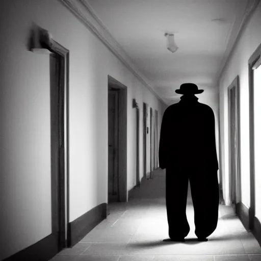 Prompt: paranormal photo of a shadow people hatman in a corridor