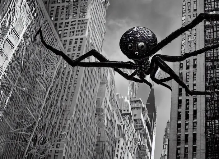 Image similar to photo of a giant spider creature attacking new york city, wide angel shot 50mm