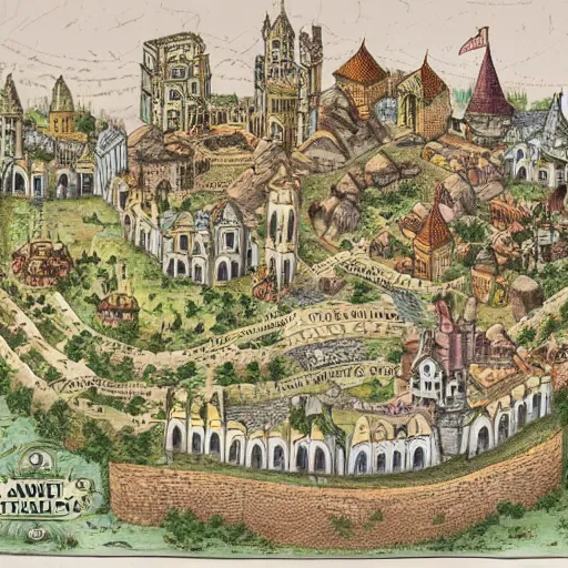 Image similar to map of a fantasy city with a castle, a tempme and a market. very detailed.