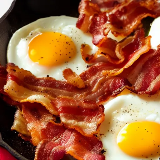 Image similar to bacon and eggs in pan, closeup, close angle, dramatic lighting