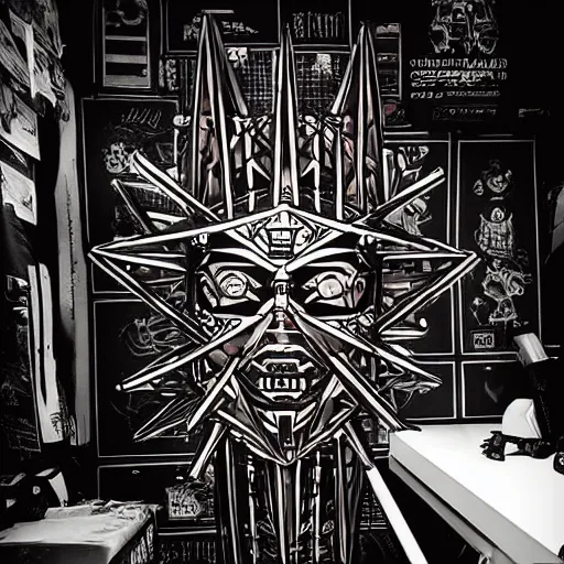 Image similar to cyberpunk hellraiser room of a tattoo artist in the futur dark