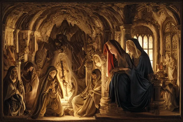 Image similar to inside the sepulchre, dark scene, light coming in from the left, steps leading down, 3 marys crouching in colored robes at the tomb | medium close | fibonacci composition, by artgerm, sophie anderson, rubens