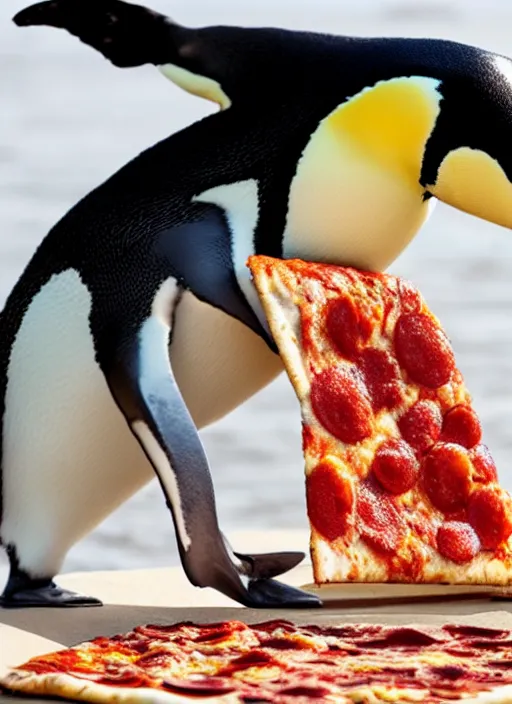 Image similar to a penguin eating a slice of pizza