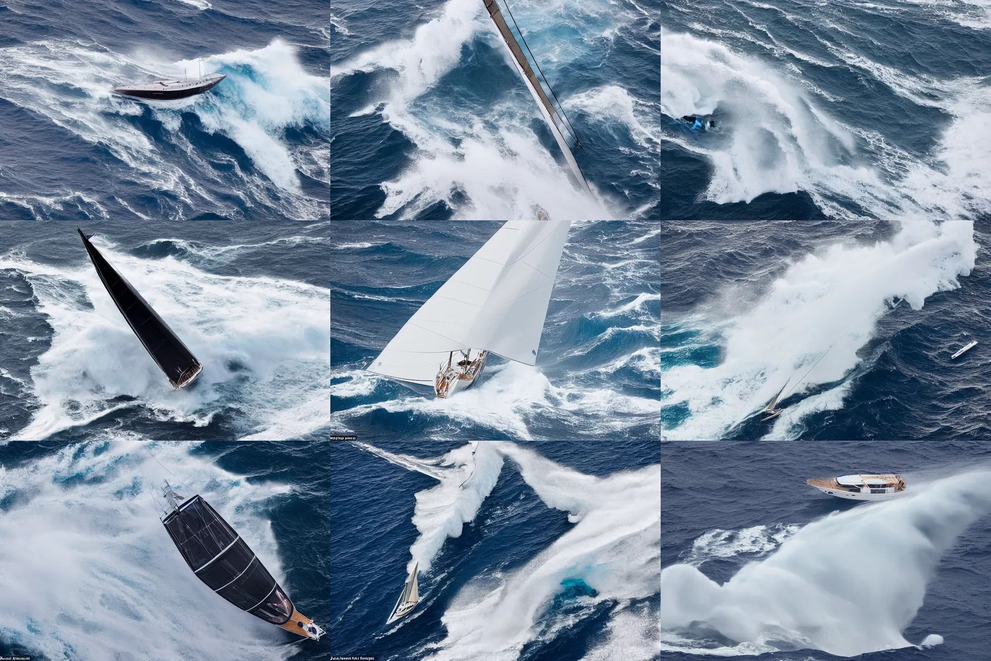 Prompt: top down photo at 45 degrees, of a sailing yacht in a severe storm, high seals and huge waves portraying helplessness by Bauer, John