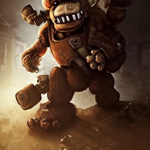 Prompt: cute little anthropomorphic Freddy (Five Nights at Freddy's) in Gears of War cover art, ultra wide lens shot , tiny, small, short, cute and adorable, pretty, beautiful, DnD character art portrait, matte fantasy painting, eerie, DeviantArt Artstation, by Jason Felix by Steve Argyle by Tyler Jacobson by Peter Mohrbacher, cinematic lighting