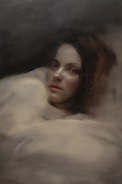 Image similar to detailed cinematic moody colors studio portrait of a lady in bed, high quality by jeremy mann, only one head single portrait