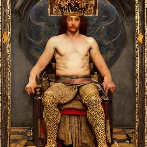 Image similar to Medieval king on a throne by Edgar Maxence and Caravaggio and Michael Whelan, artistic, intricate drawing, realistic fantasy, extremely detailed and beautiful aesthetic face, postprocessed, 8k resolution, dramatic lighting