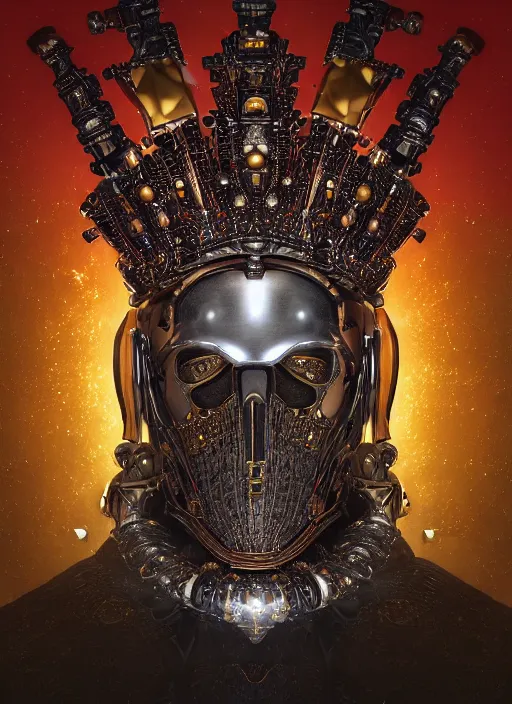 Image similar to portrait of king arthur knight cyborg with a golden crown with red gemstones, studio portrait against a black background, modern fine art, fractal, intricate, elegant, highly detailed, digital photography, subsurface scattering, in the style of ghost, by jheronimus bosch and yue minjun and giger and greg rutkowski,