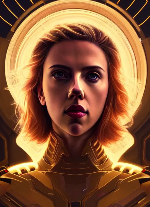 Image similar to symmetry!! portrait of scarlett johansson, gold sci - fi armour, tech wear, glowing lights!! sci - fi, intricate, elegant, highly detailed, digital painting, artstation, concept art, smooth, sharp focus, illustration, art by artgerm and greg rutkowski and alphonse mucha