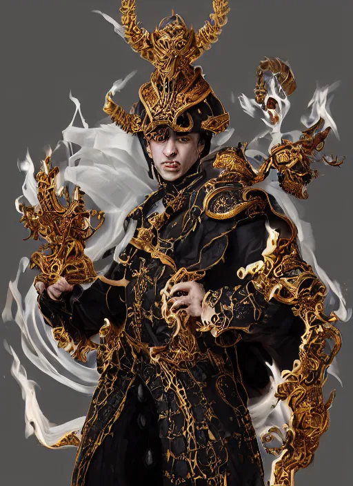 Image similar to high intricate male priest with white baroque armor and black garment fighting a fire demon, maria panfilova, andrea savchenko, mike kime, ludovic plouffe, qi sheng luo, oliver cook, trending on artstation