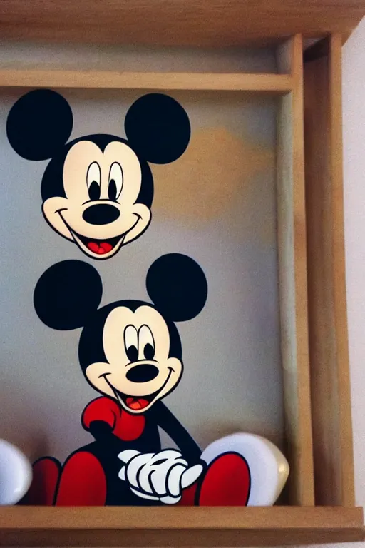 Prompt: “mickey mouse sits on a shelf