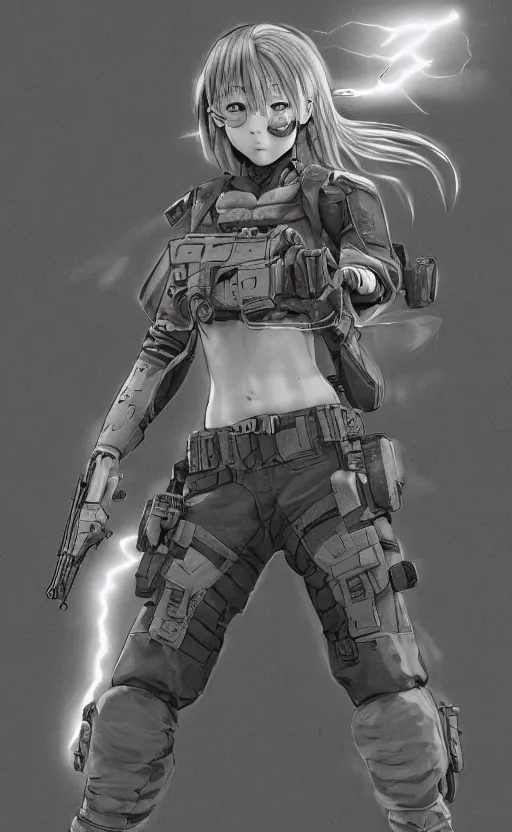 Image similar to highly detailed, high resolution, character design art, stunning, volumetric lightning, realistic guns, girls frontline style, matte, sharp focus, intricate, 150mm, illustration, artstation, by yoshihiro togashi, realistic human anatomy, simple design, realistic military gear, metal gear style