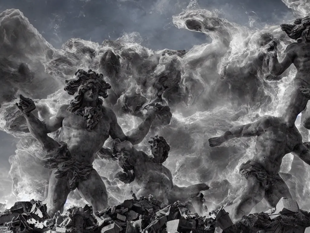 Image similar to giant greek statues attacking a city, city destruction ruins, debris flying around, swirls of fire