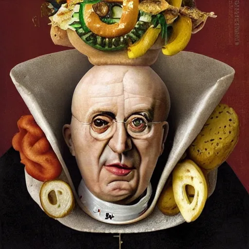 Prompt: a amazing new surrealist hybrid of the pope mixed with an anthropomorphic cheeseburger made of the popes face by giuseppe arcimboldo and kandinskali and catrin welz - stein, melting cheese, steamed buns, grilled artichoke, sliced banana, salami, milk duds, licorice allsort filling
