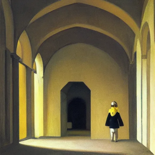 Image similar to in the distance, a little girl with short black hair and wearing a yellow coat alone in the inner courtyard of a cloister in an abbey, the light is bright and wintry, painting by hopper and de chirico