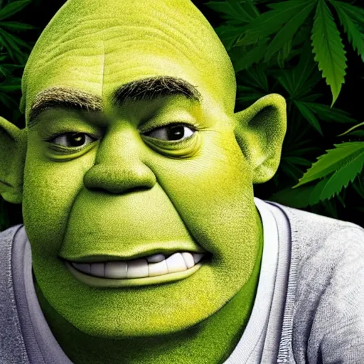 Prompt: Old man dressed in Marijuana leaves, fighting shrek